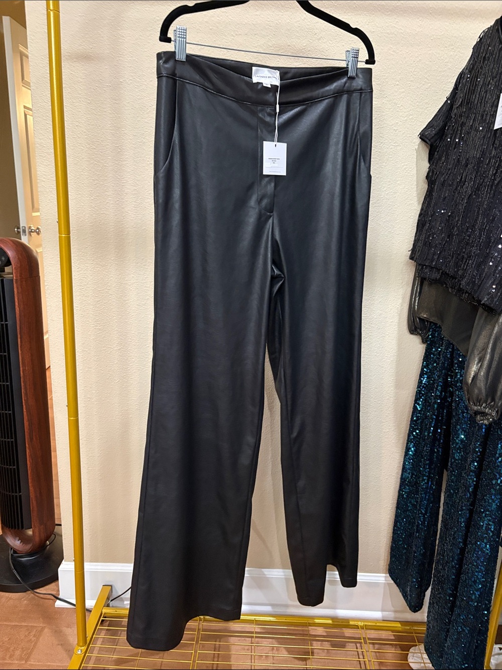 Lavender Brown Vegan Leather Wide-Leg Pants - Black